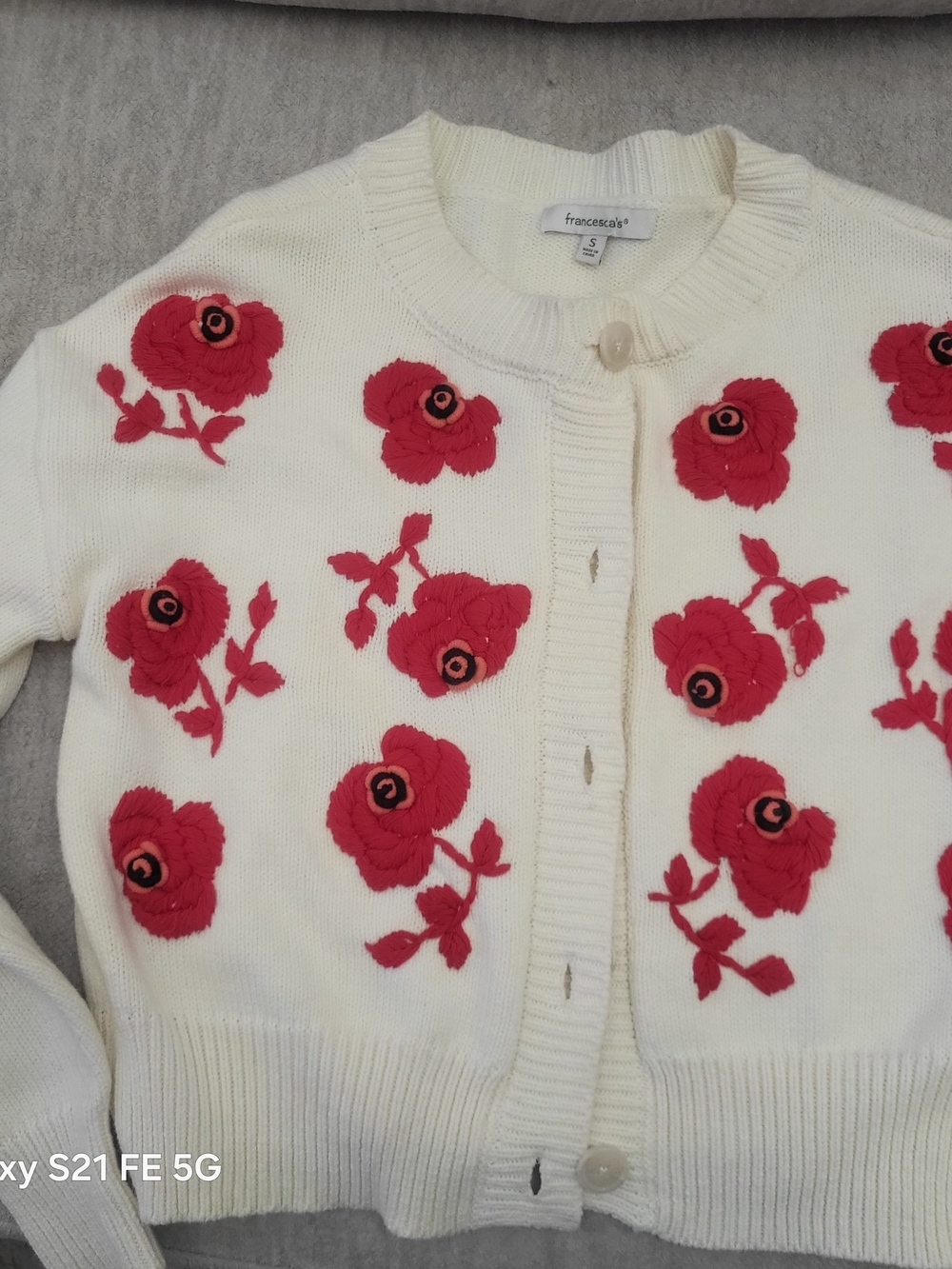Francesca's Collections Cream Cardigan with Red Floral Appliqués